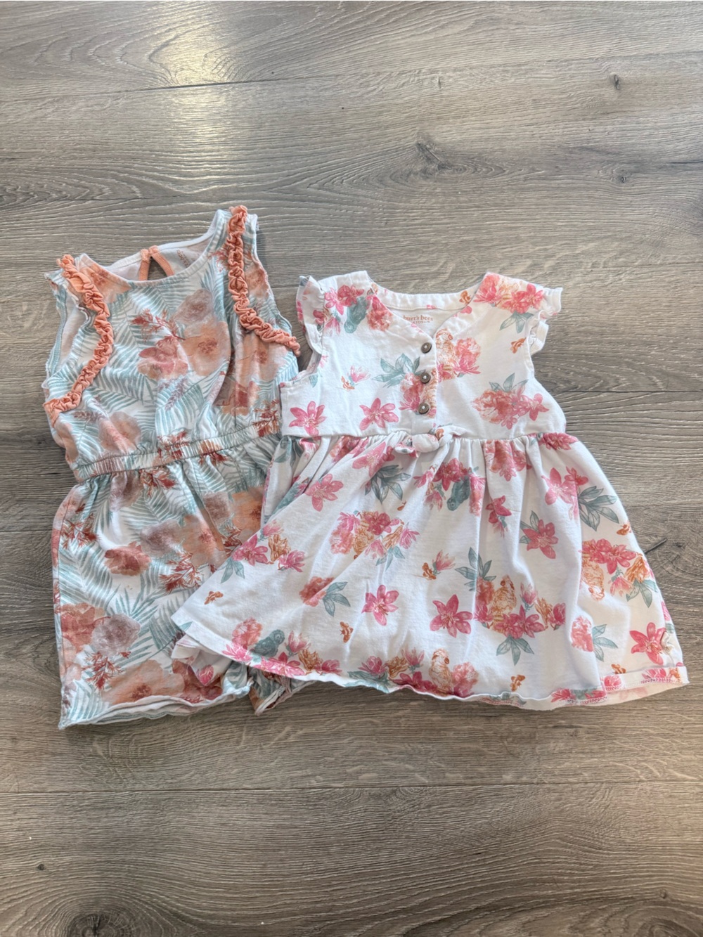 Burt's Bees Baby Floral White and Coral Dress & Romper Set